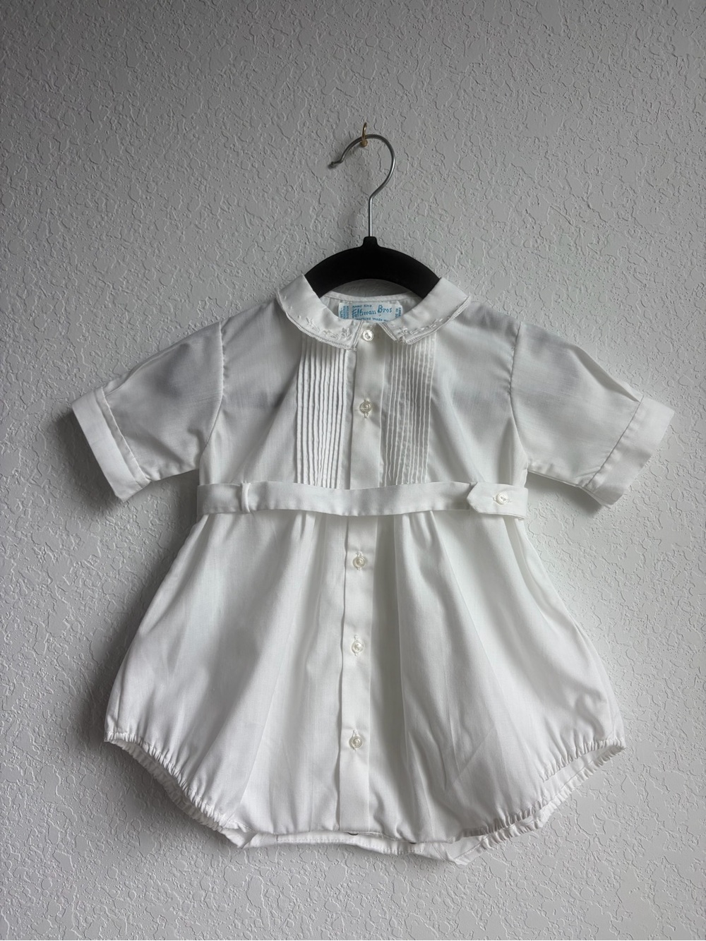 Feltman Bros Classic White Baby Romper with Pleated Front